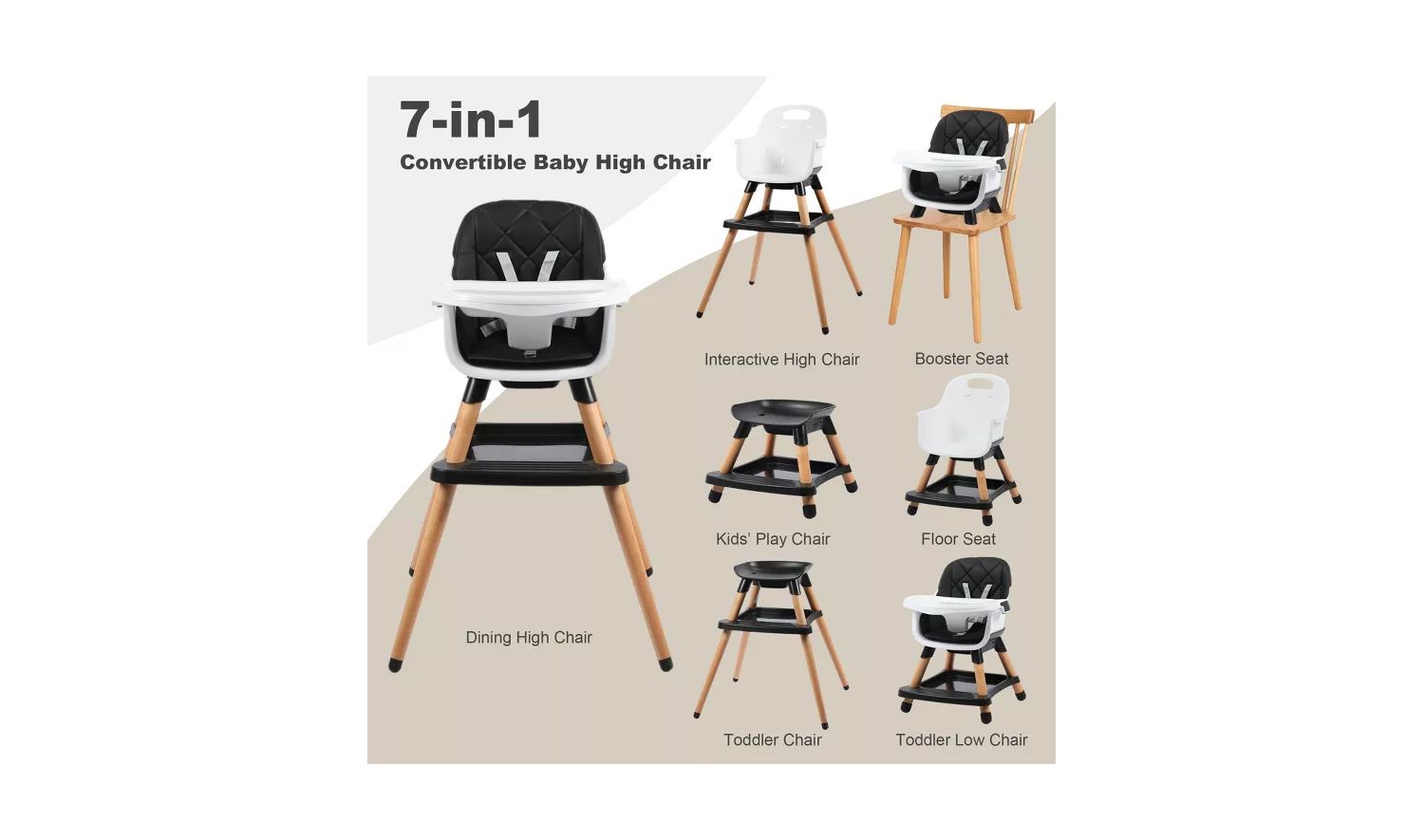 7-in-1 Convertible Baby High Chair with Removable Tray and 5-Point Harness