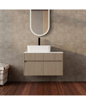 Inch Wall Mounted Bathroom Vanity with Ceramic Sink, Storage Drawers and Wood Grain Finish for Modern Bathrooms