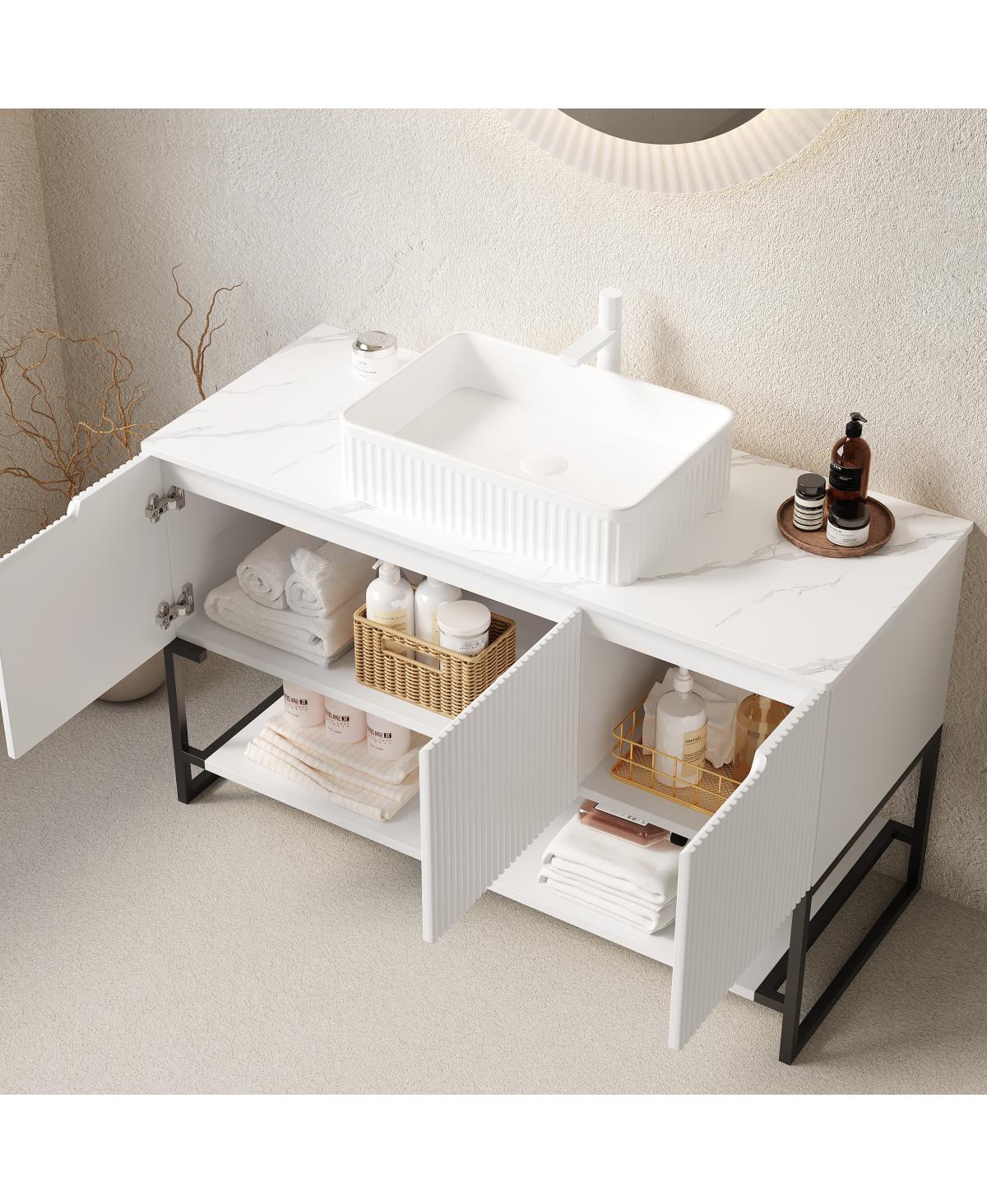 Sillysis Inch Freestanding Bathroom Vanity with Ceramic Basin, Carrara Sintered Stone Top, Soft Close Storage, Pre-assembled
