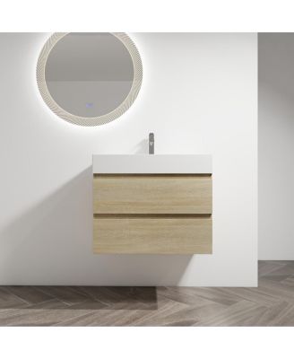 29.5 Inch Wall Mounted Bathroom Vanity with Resin Sink, Soft Close Drawers, Wood Grain Plywood for Modern Bathrooms