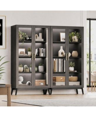 Set of 2 Glass Display Cabinet with LED Lights - 4-Tier Curio Cabinet with Glass Doors, Smart Sensor and USB Charging - Elegant Home Storage