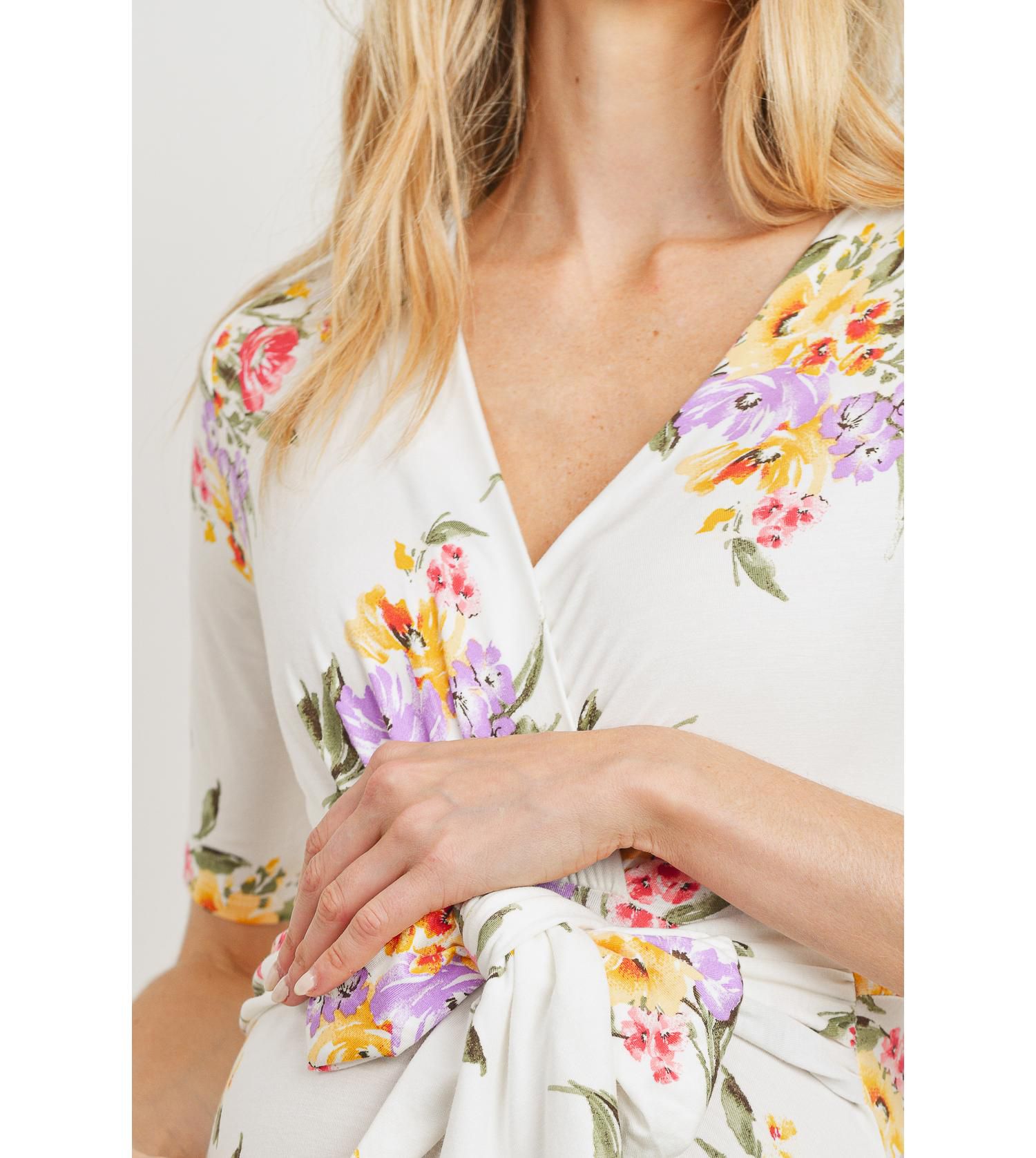 Women's Floral Short Sleeve Wrap Nursing Dress with Tie Waist