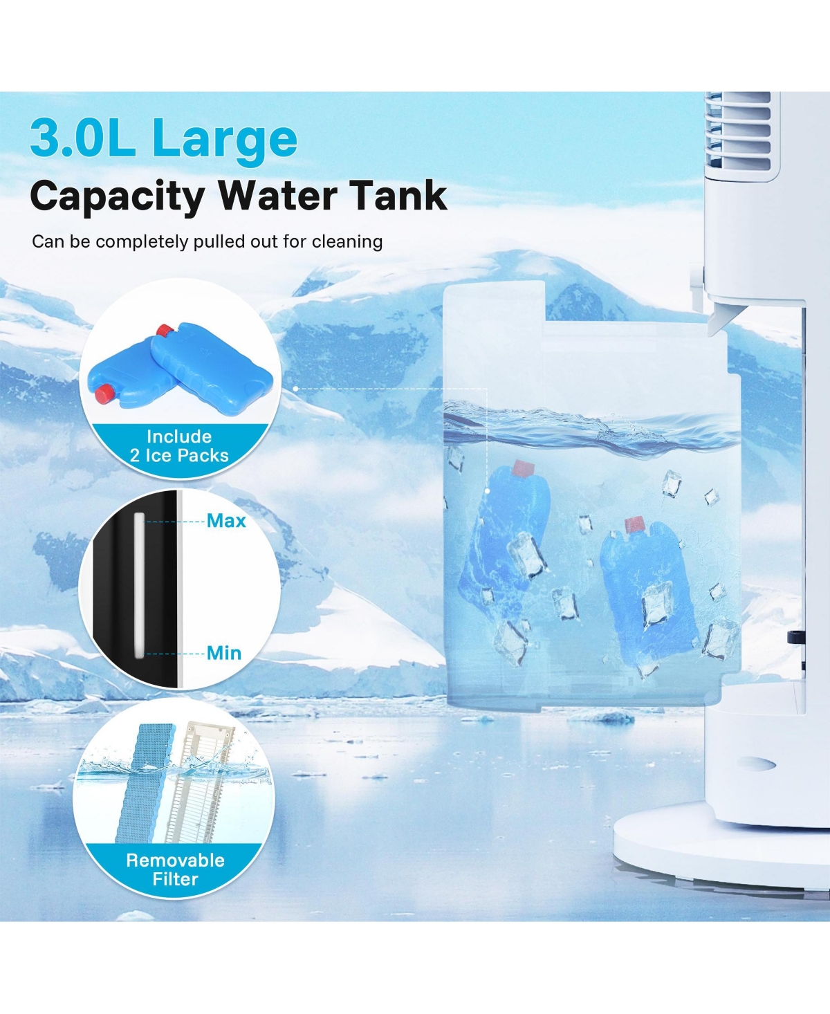 Etust Bladeless Tower Fan with Water Tank and 2 Ice Packs, Oscillating Air Cooler Fan with Remote Control