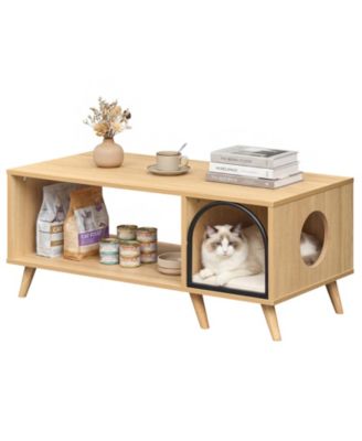 40'' Coffee Table w/ Cat House 2-in-1 Farmhouse Cat Furniture Coffee Table