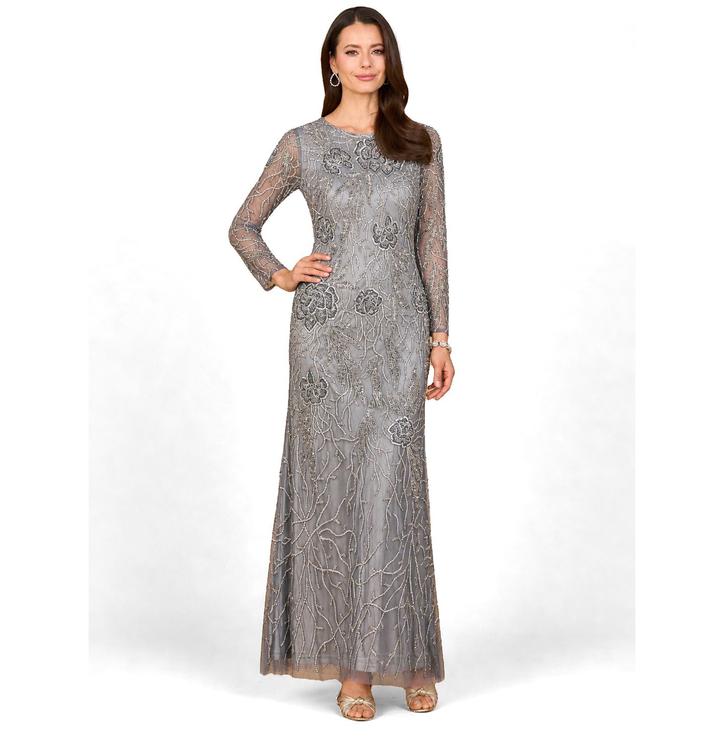Женские платья Lara High Neck, Long Sleeve Beaded Gown, цвет: Средний серый — фото 1