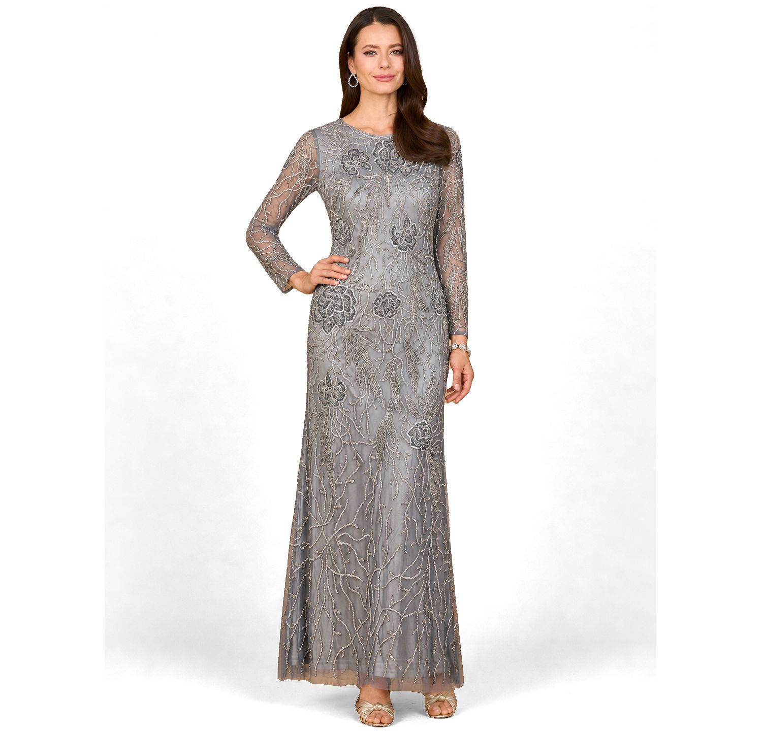 Women's High Neck, Long Sleeve Beaded Gown