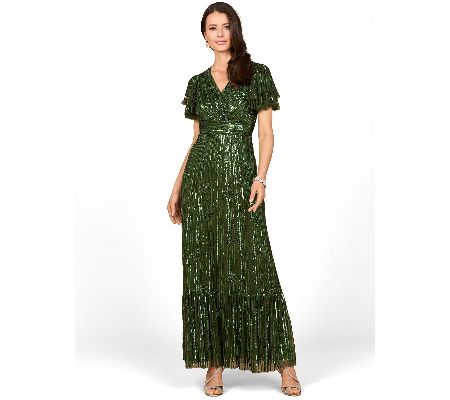 Women's Elegant Beaded Gown with Flutter Sleeves