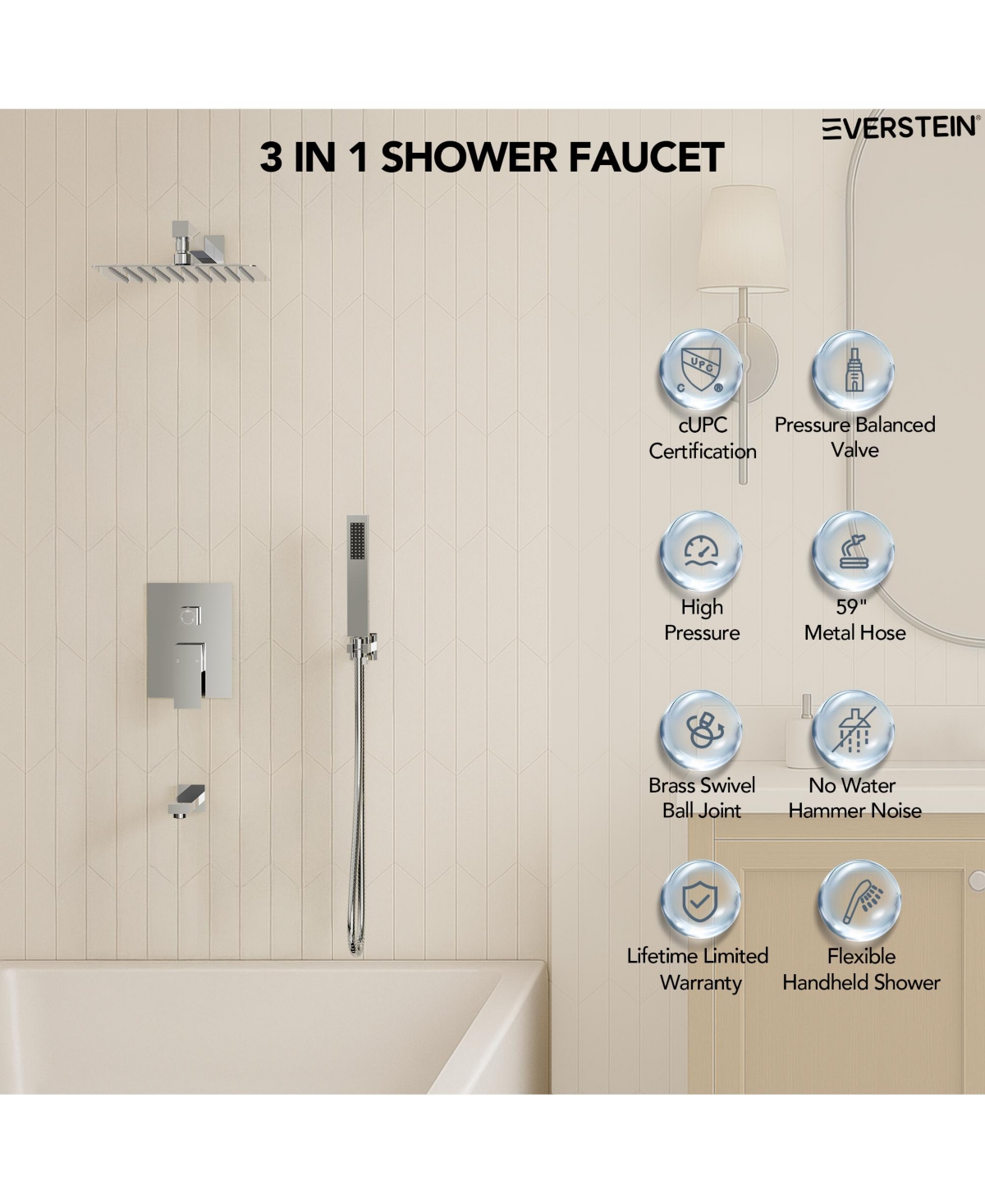 Everstrein Wall Mounted 10" Shower System Bathtub Facuet Set High Pressure Rain Shower Head with Handheld Chrome