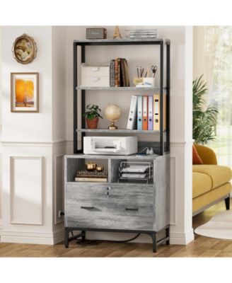Hutch with Charging Station and  Lock Drawers Storage File Cabinet