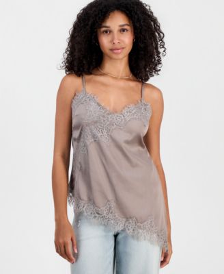 Juniors' Satin Lace-Trim Asymmetric Cami