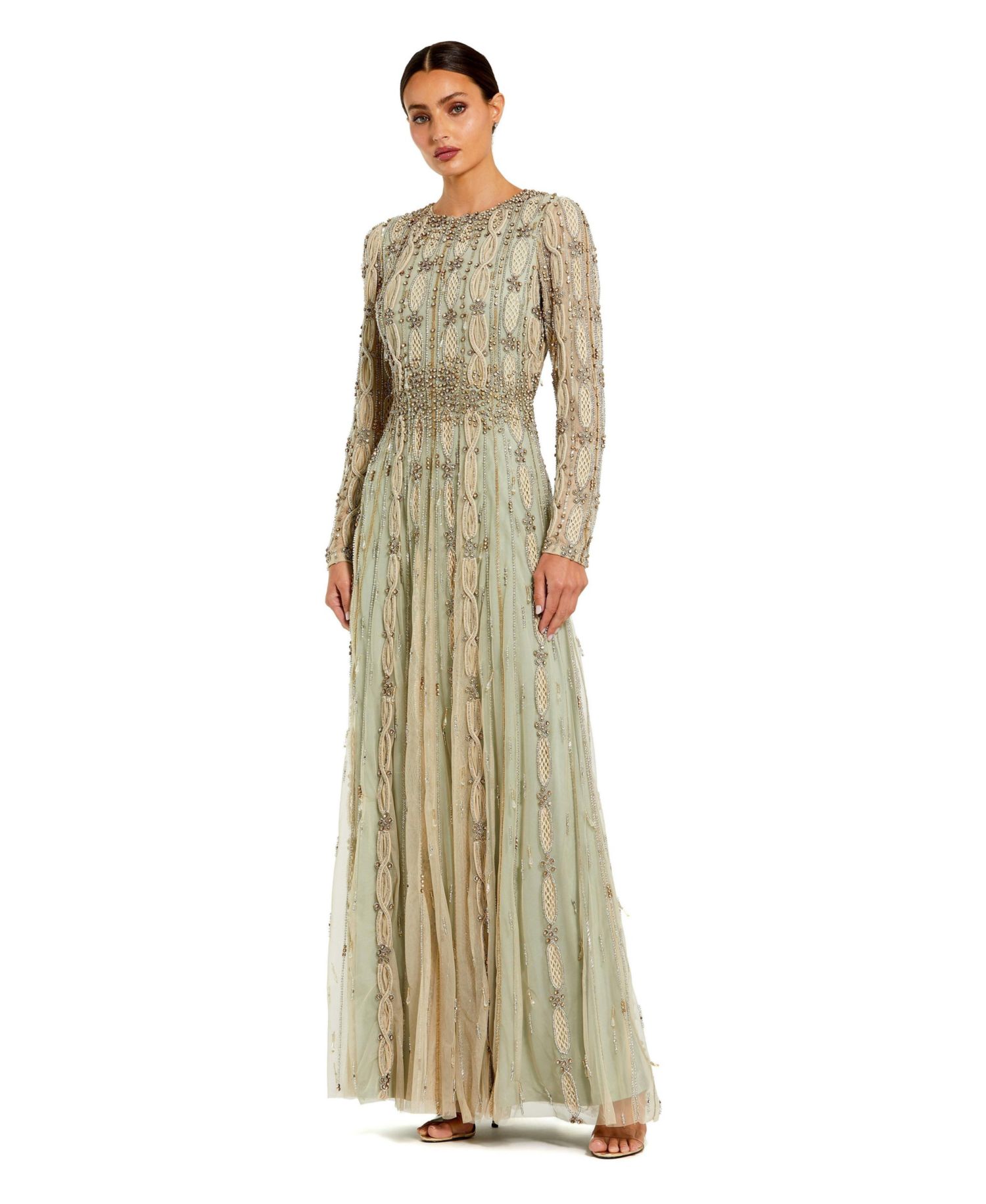 Women's Embellished Mesh Long Sleeve Evening Gown