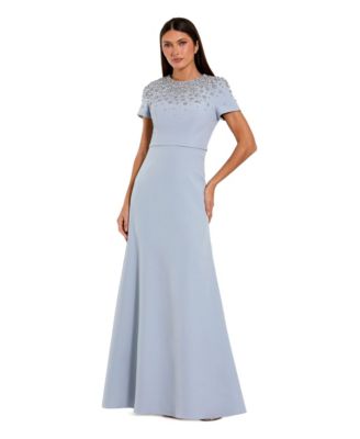 Women's Crystal Embellished Short Sleeve Crepe Gown