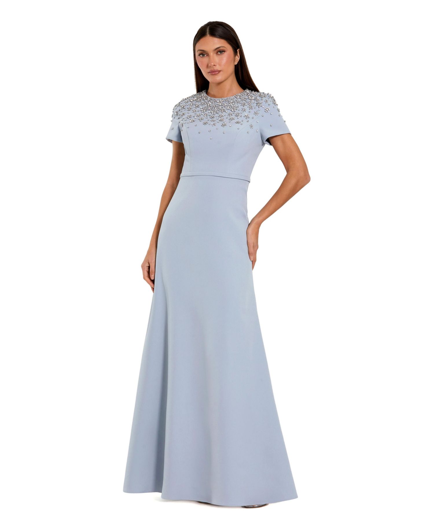 Women's Crystal Embellished Short Sleeve Crepe Gown