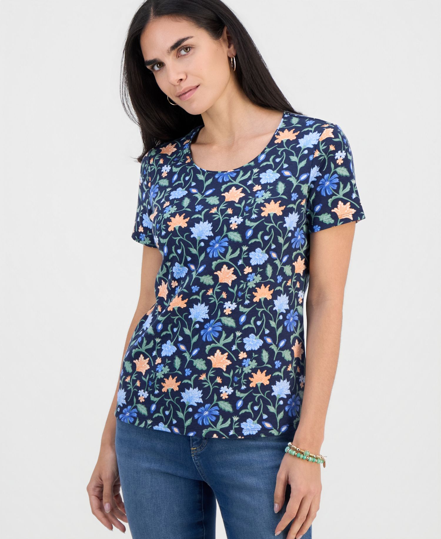 Petite Soft Flora Scoop-Neck Short-Sleeve Top