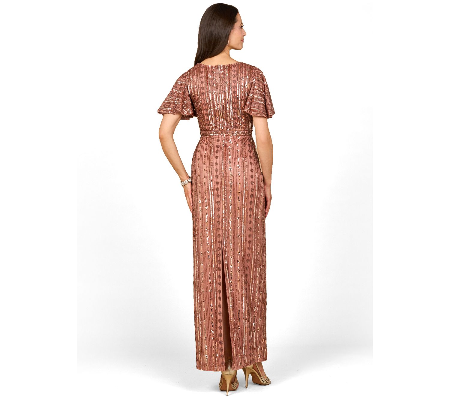 Women's Fully Beaded Gown with Flutter Sleeves