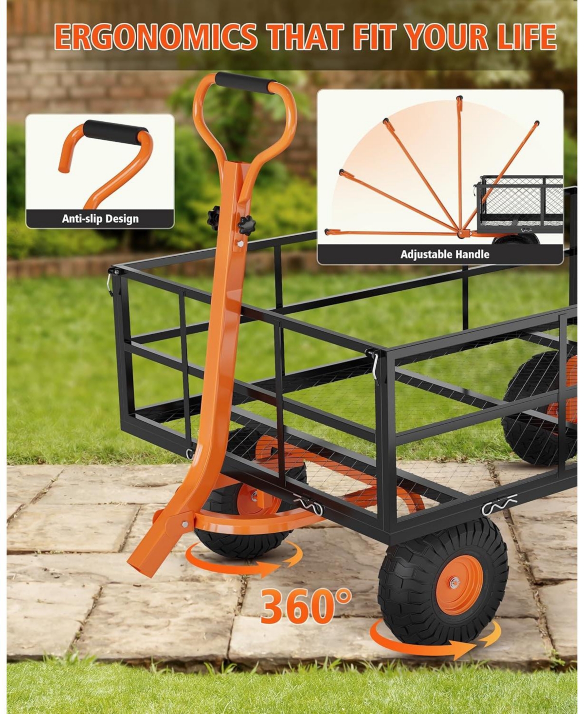 gaomon Heavy Duty 1200 Lbs Capacity Steel Garden Cart 2-in-1 Wagon with Removable Mesh Sides 13-Inch Tires and Rotating Handle for Gardening