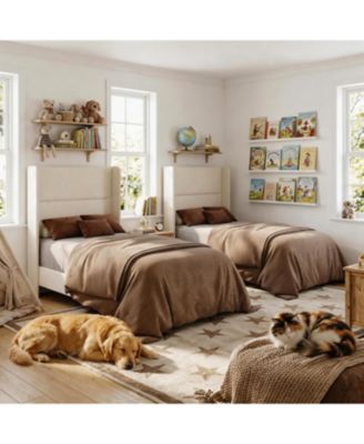 2 Set of Twin Size Toddler Upholstered Bed Frame with Guardrails, Vertical Channel Tufted Headboard and Footboard, No Box Spring Needed