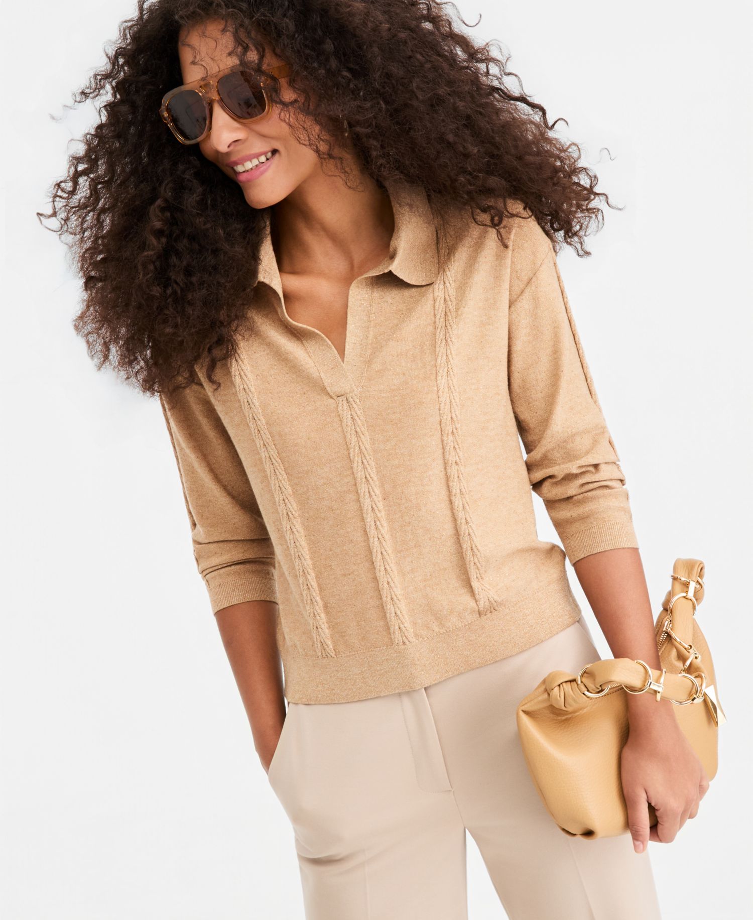 Women's Emmdonata Cable-Knit Polo Sequin Sweater