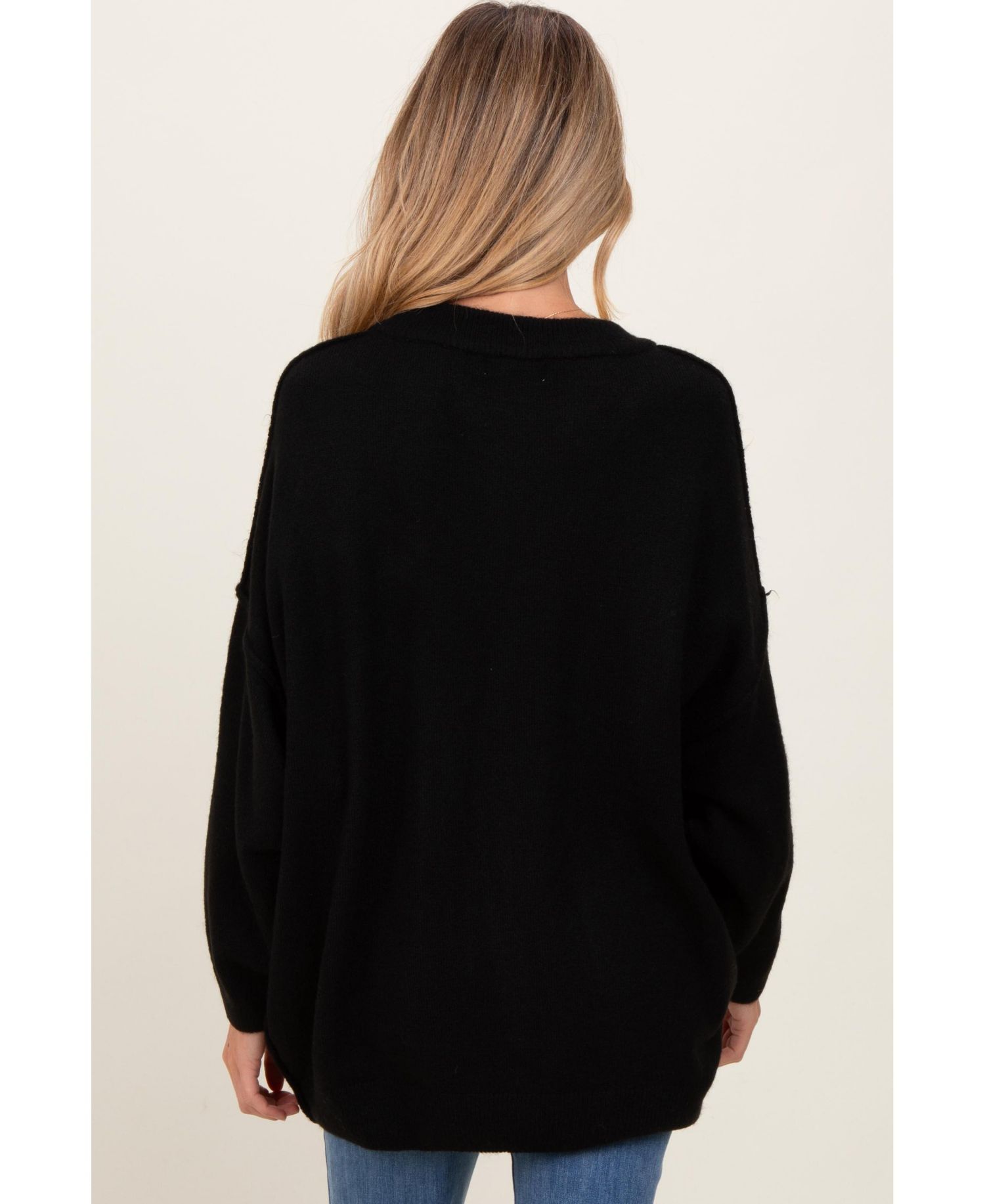 Women's Black Oversized Crewneck Melange Knit Sweater