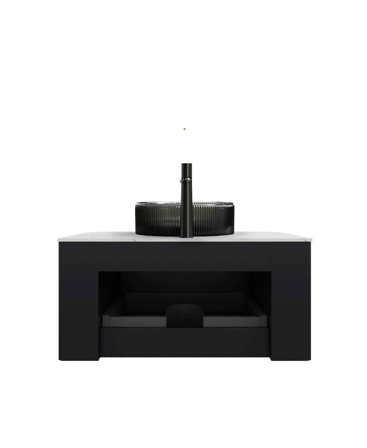 Sillysis Wall Mounted Bathroom Vanity with Glass Vessel Sink, 3D Stripe Plywood Cabinet, Soft Close Drawer