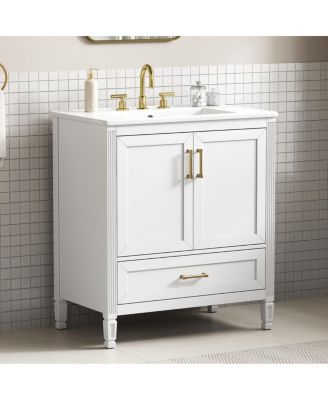 Bathroom Vanity with Ceramic Sink, Soft Close Drawer, Solid Wood Legs, Freestanding Modern Cabinet
