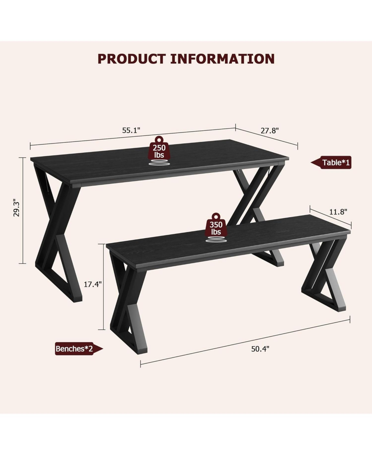 gaomon 55" Dining Table Set for 4 with 2 Benches, Metal Frame