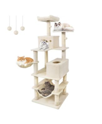 66'' Tall Cat Tree With 2 Condos Sisal Scratching Posts Plush Perch Hammock Basket