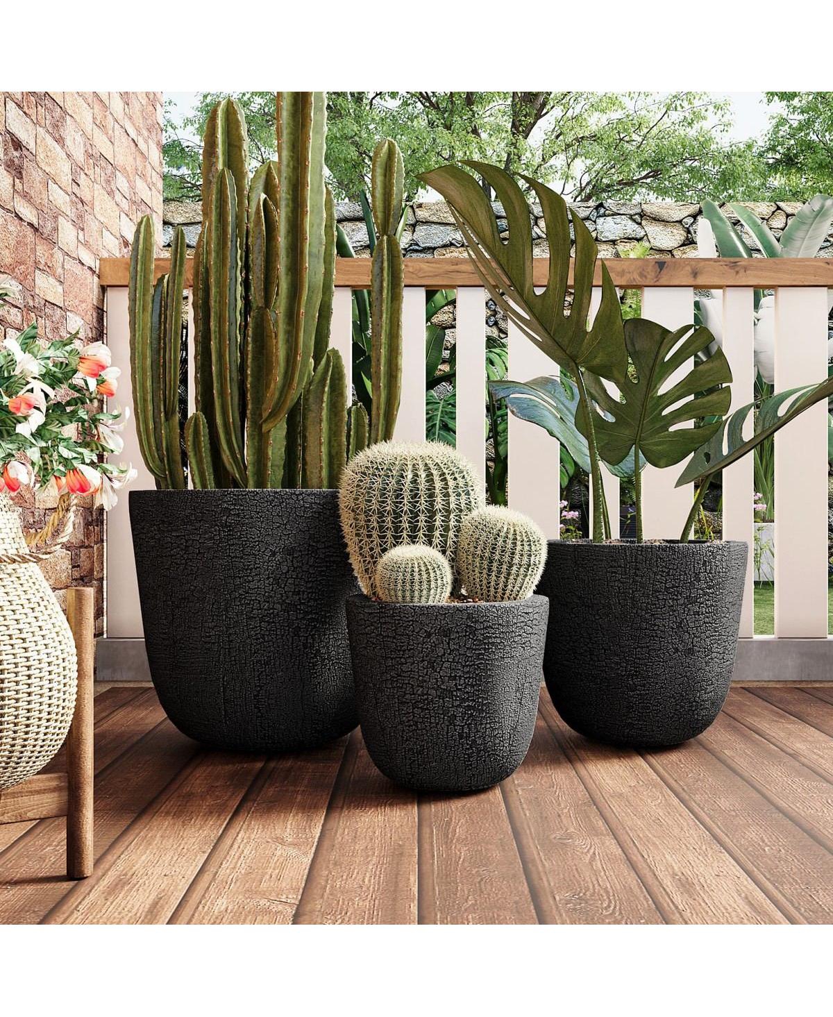 Asagikoiai3-Piece Mgo Outdoor Planter Set with Drainage, Crackle Stone Pots for Garden and Patio