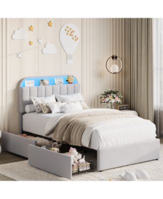 Bed Frame with Storage Headboard and 2 Drawers, Velvet Upholstered Platform Bed Frame with Lights, No Box Spring Needed, Easy Assembly