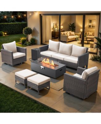 7 Pieces Patio Furniture Sets with Fire Pit Table Set, Wicker Rattan Outdoor Swivel Rocking Chairs Set with 3-Seat Couch and Ottomans