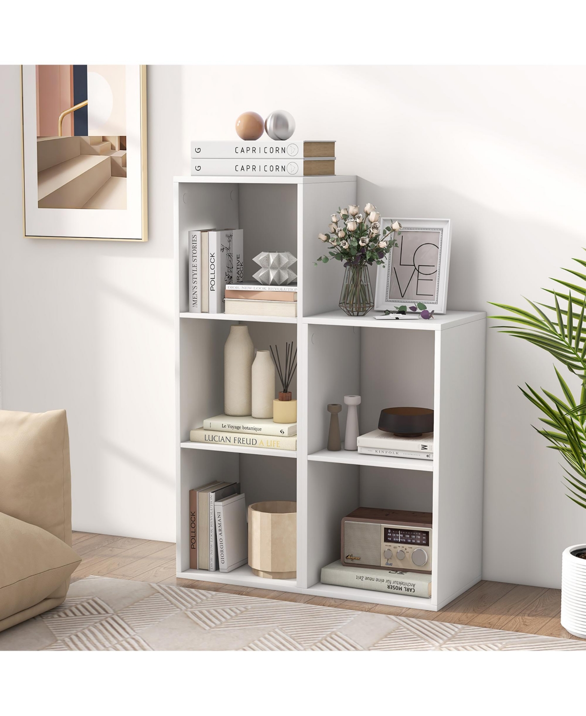 Gymax Cube Bookshelf Modern Vertical Bookcase with Back Guardrail and Anti Tipping Kits