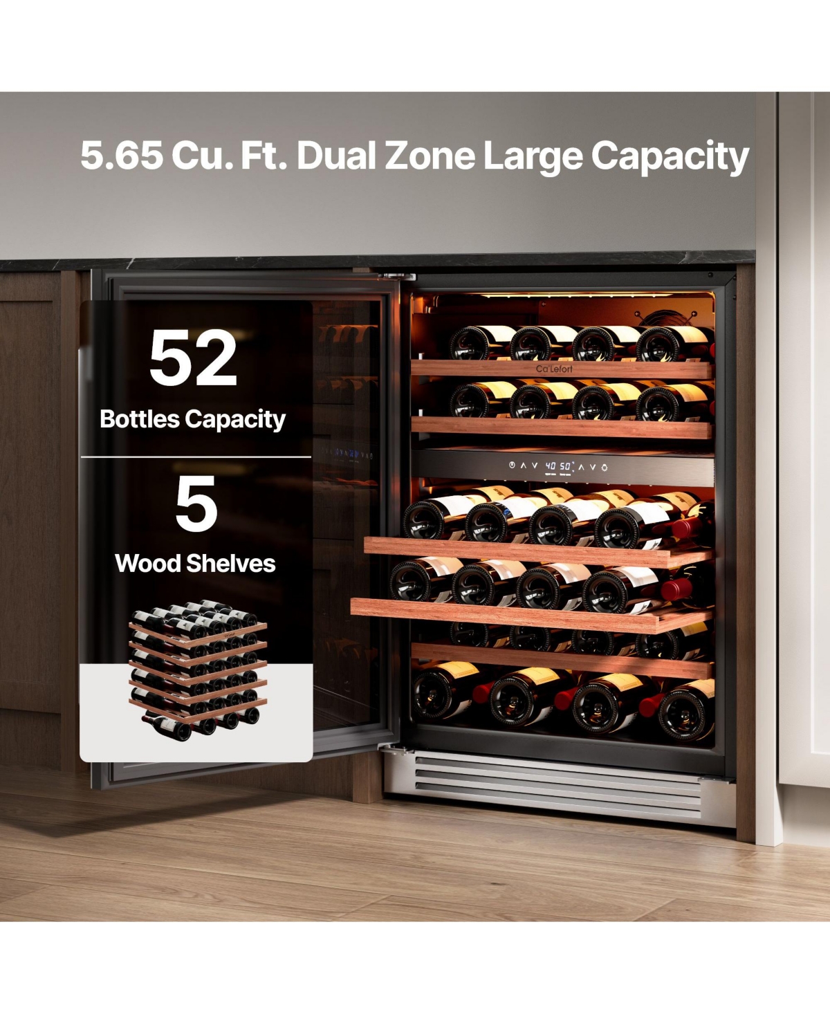 Ca'Lefort 24 Inch 52 Bottle Wine Cooler Refrigerator, 40-65degree(s)F Dual Zone Wine Refrigerator,3 Led Built-in for Home/Bar (5.65 Cubic Feet)