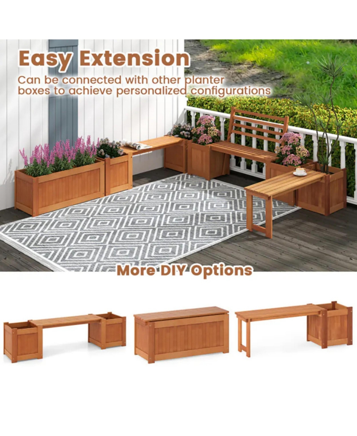Yiortwo Outdoor Wooden Planter Bench with 2 Planter Boxes and Slatted Backrest