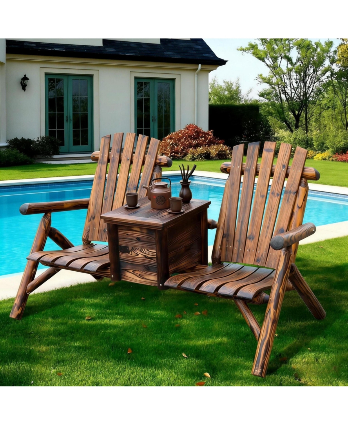 Yiortwo Double Adirondack Loveseat with Built-In Ice Bucket Table, Wooden Patio Chair