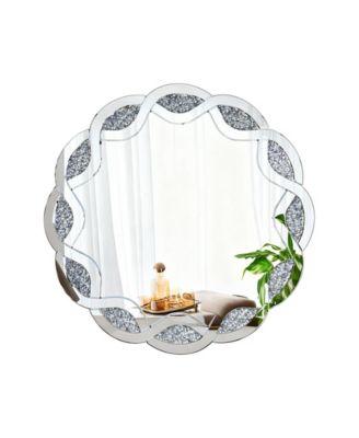 Modern Wave Frame Round Wall Mirror 31.5 Inch Crush Diamond Decorative Mirror Heavy Duty Frame with Hangers for Living Room Bathroom Bedroom