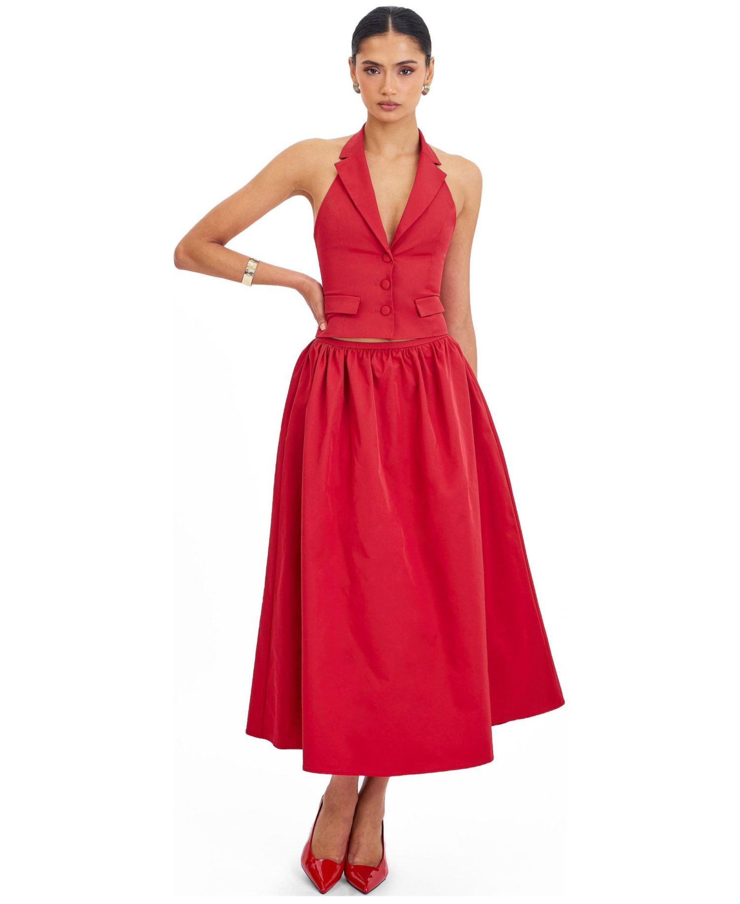 Women's Ursella Crimson Halter Single-Breasted Lapel Top