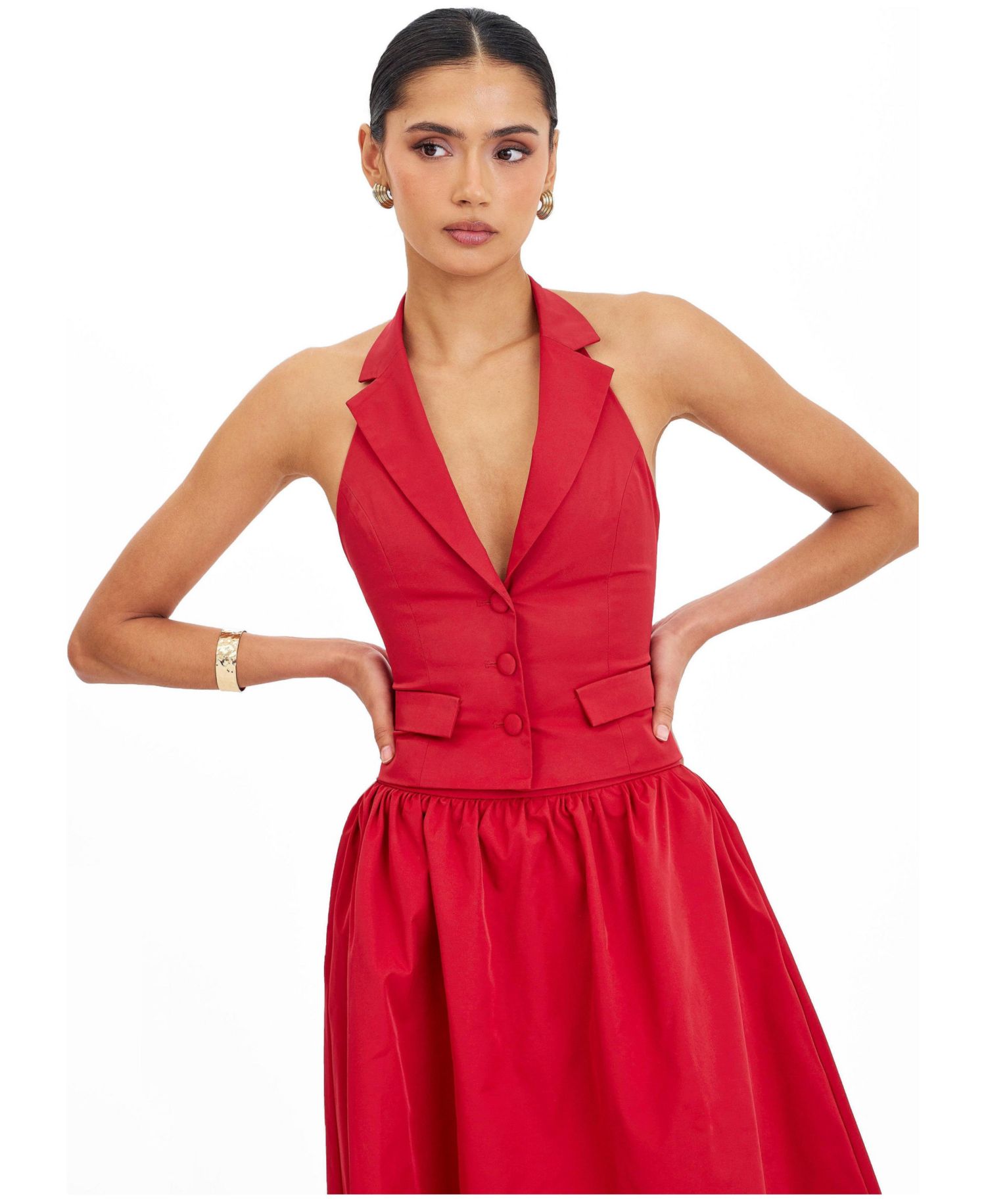 Women's Ursella Crimson Halter Single-Breasted Lapel Top