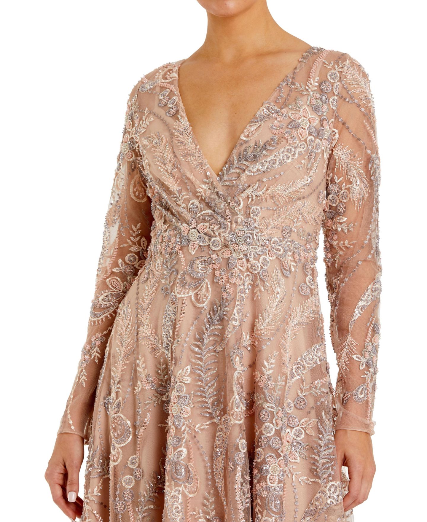 Женское платье Mac Duggal Floral Embroidered V-Neck Long Sleeve Midi — фото 3