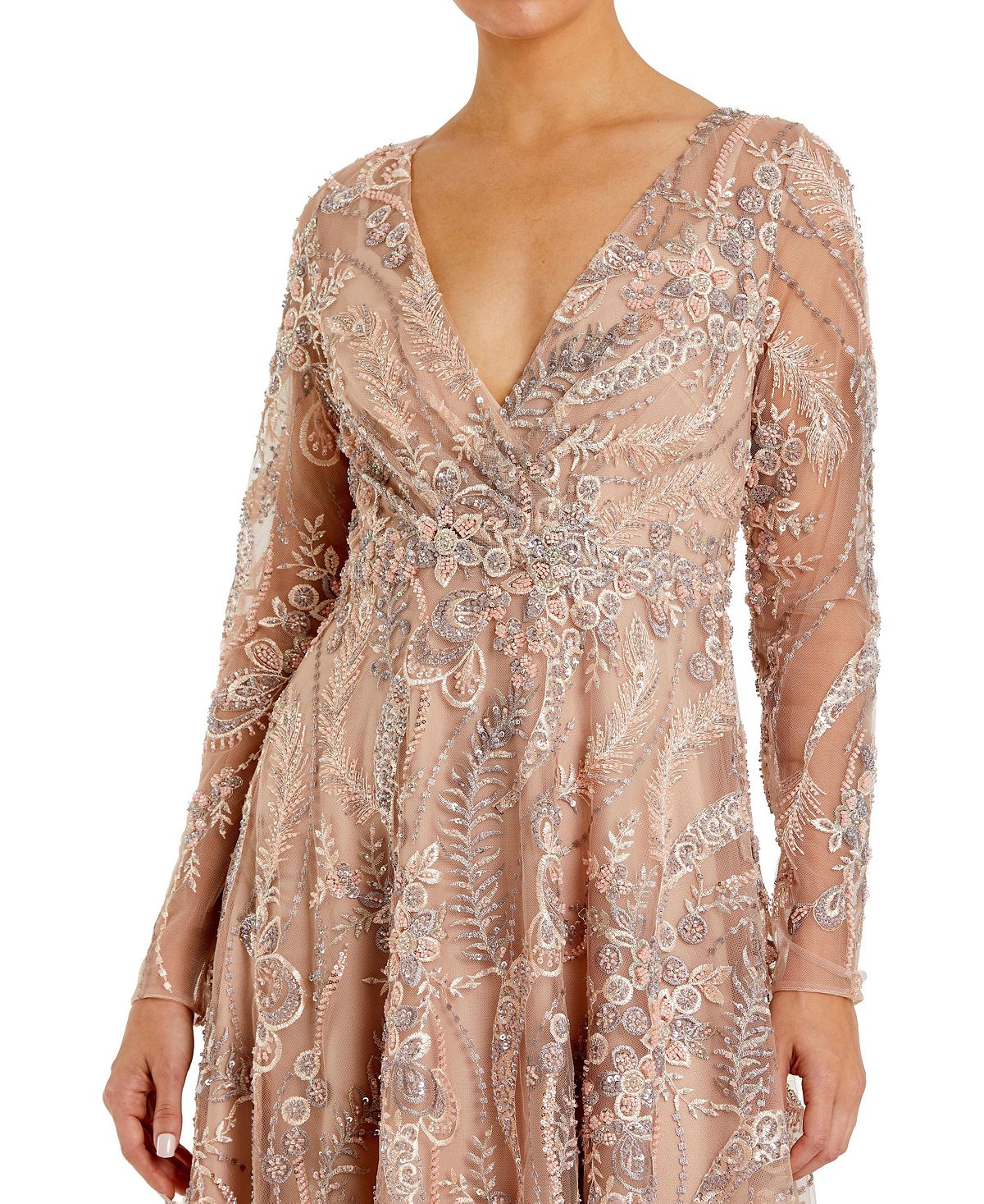Mac Duggal Women's Floral Embroidered V-Neck Long Sleeve Midi Dress view 3 — MAYCSS fashion products
