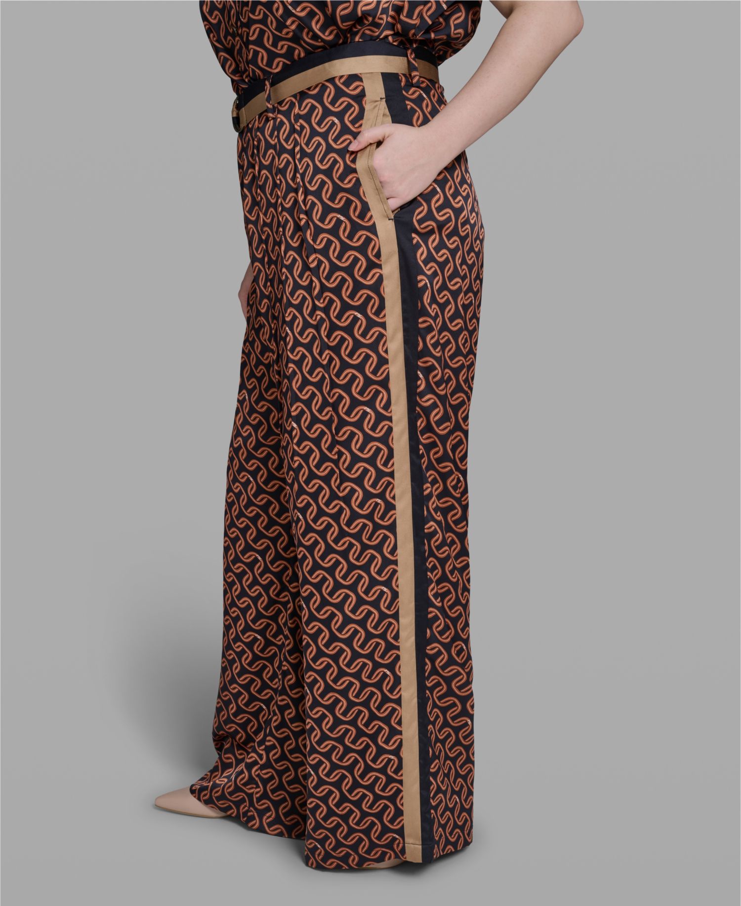 Plus Size Mid-Rise Printed D-Ring Belted Wide-Leg Pants