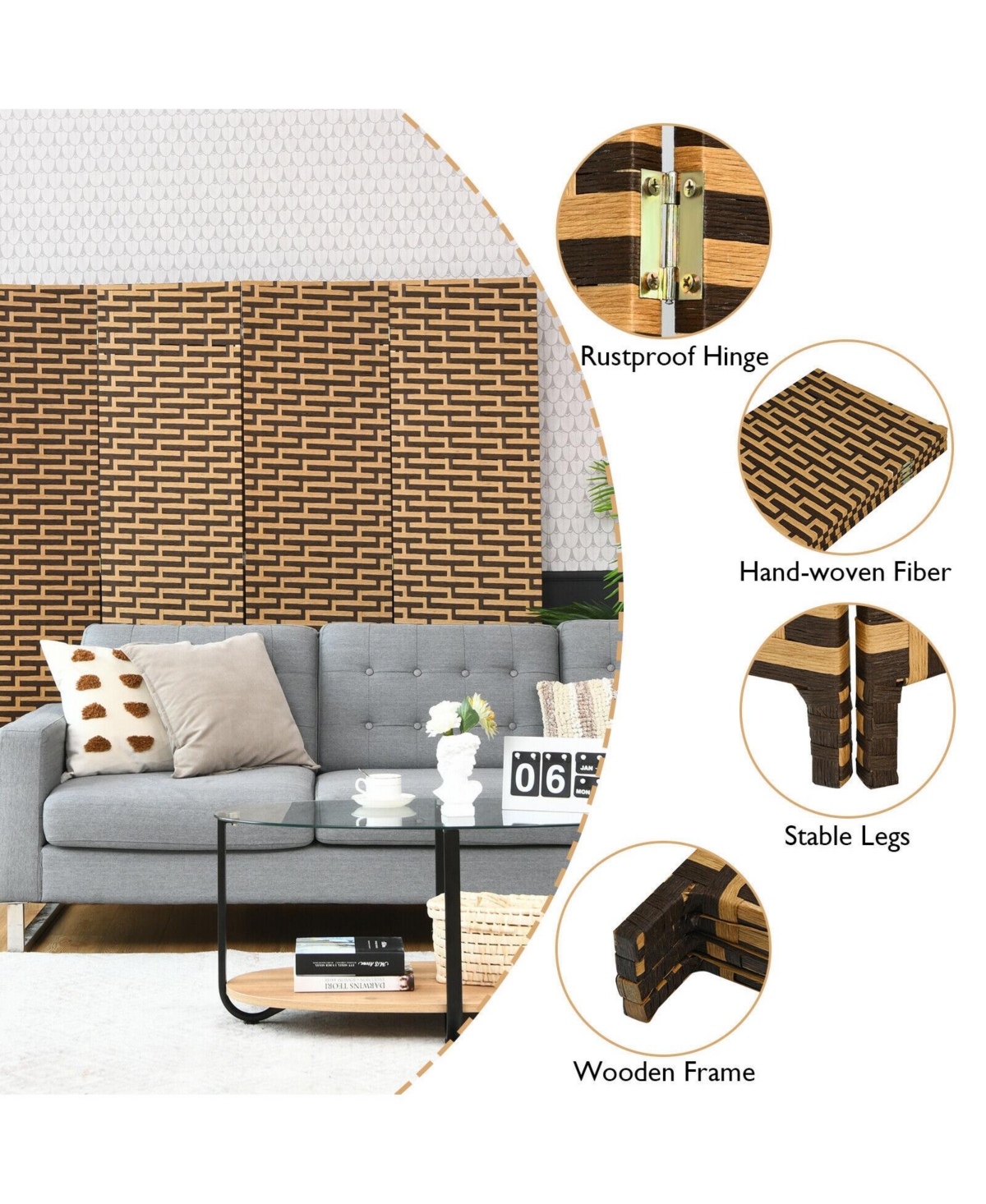 sumyeg 4-Panel Folding Privacy Room Divider with Rustproof Hinges for Indoor Separation