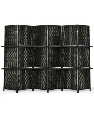 6-Panel Folding Fiber Room Divider with 2 Display Shelves for Indoor Use