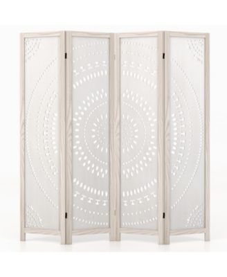 66-Inch Boho 4-Panel Room Divider Privacy Screen with Carved Pattern Design