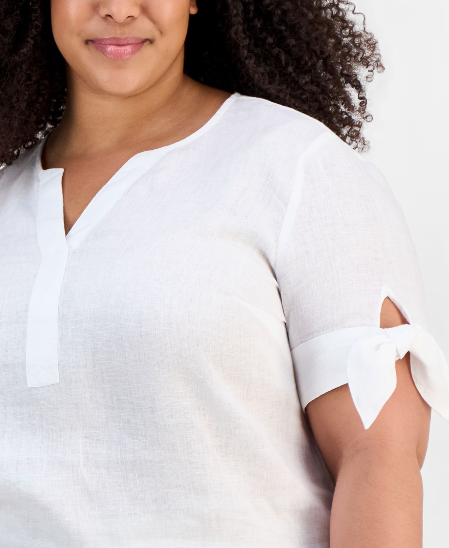 Plus Size 100% Linen Split-Neck Tie-Cuff Top