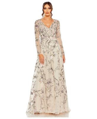 Women's V Neck Long Sleeve Embroidered A Line Gown