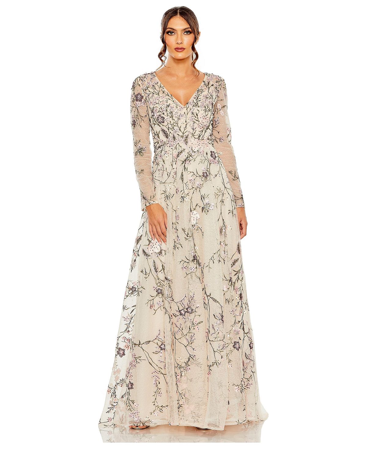Mac Duggal Women's V Neck Long Sleeve Embroidered A Line Gown view 1 — MAYCSS fashion products