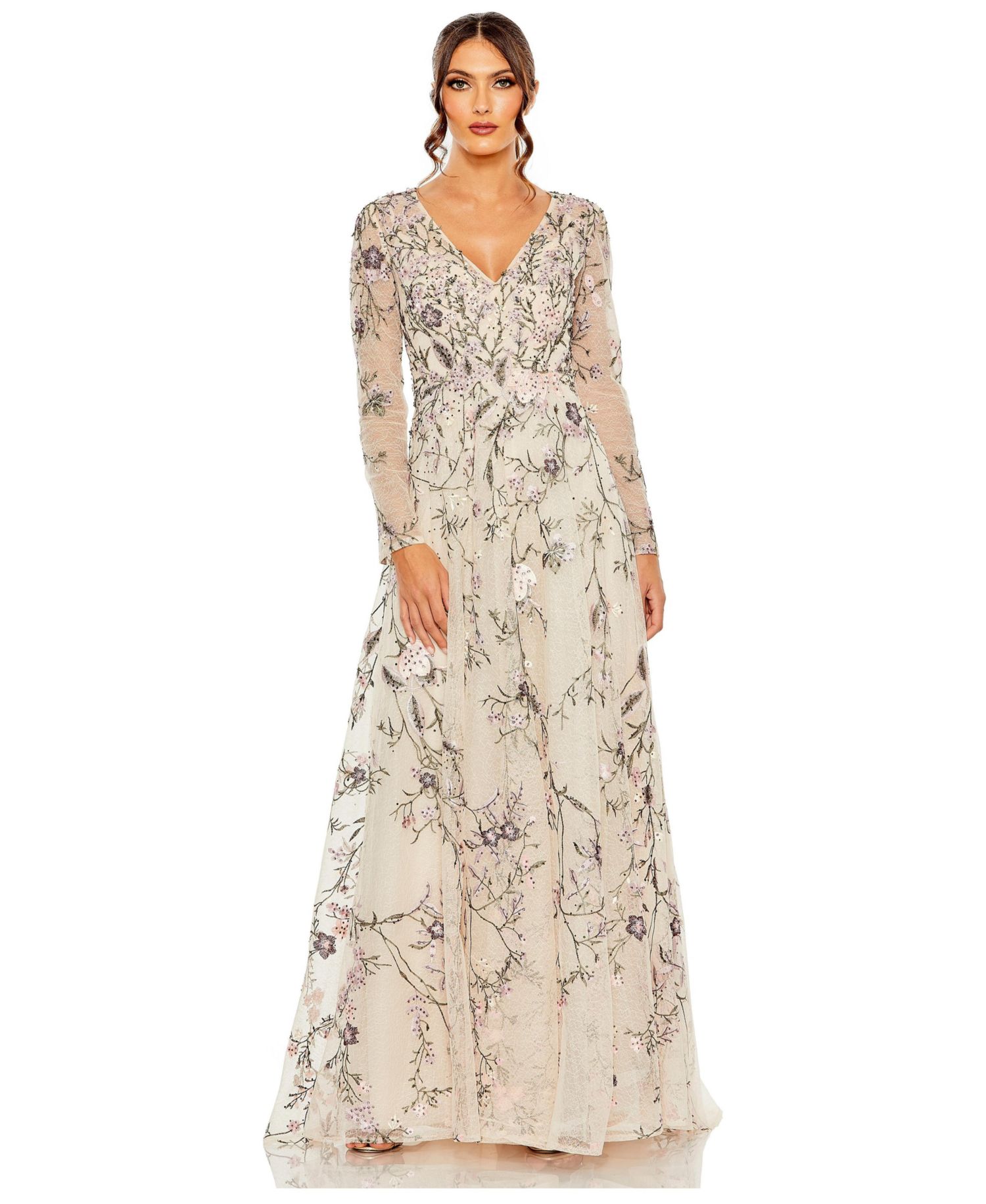 Women's V Neck Long Sleeve Embroidered A Line Gown