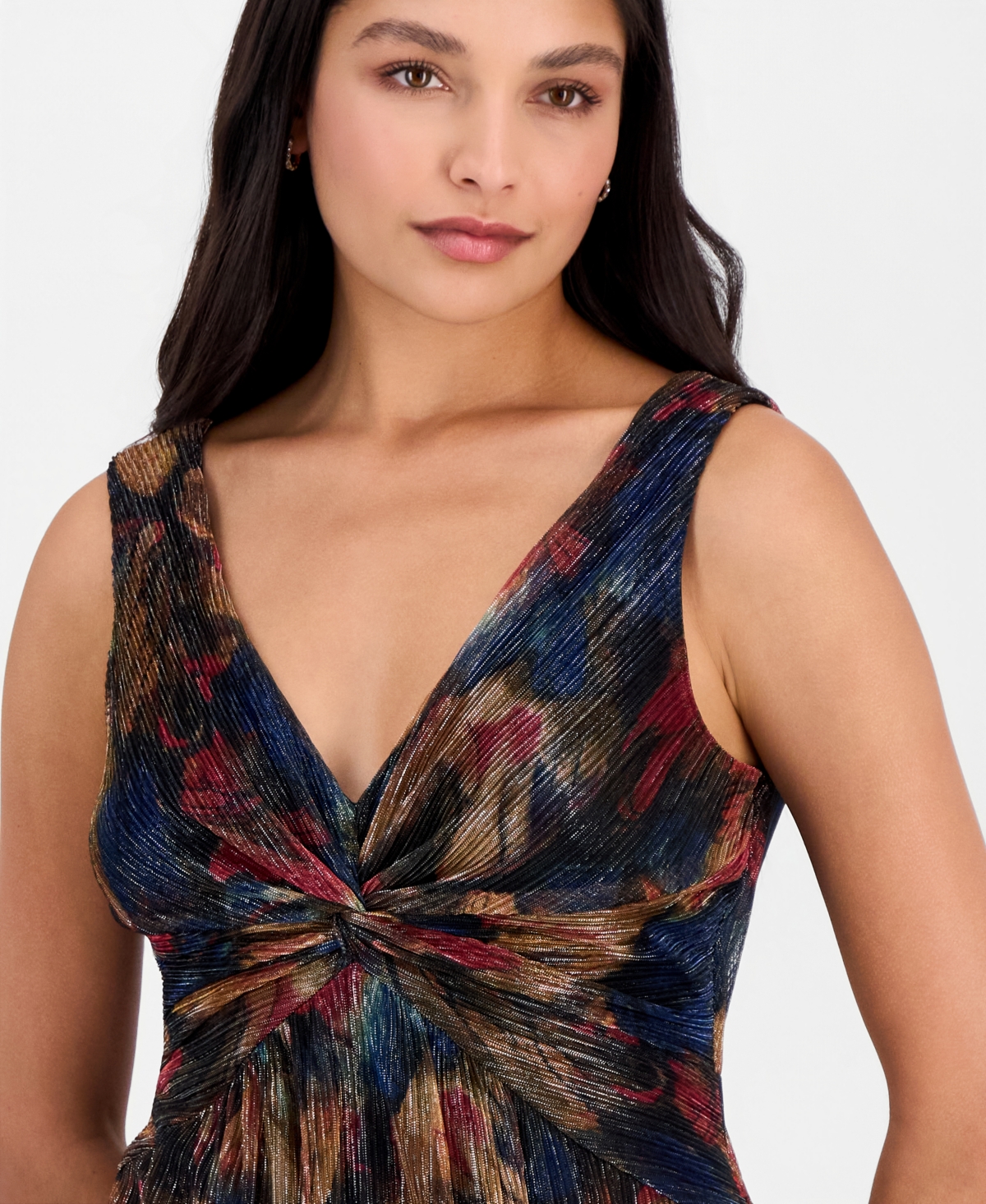 Connected Petite Metallic-Print Twist-Front Sleeveless Dress