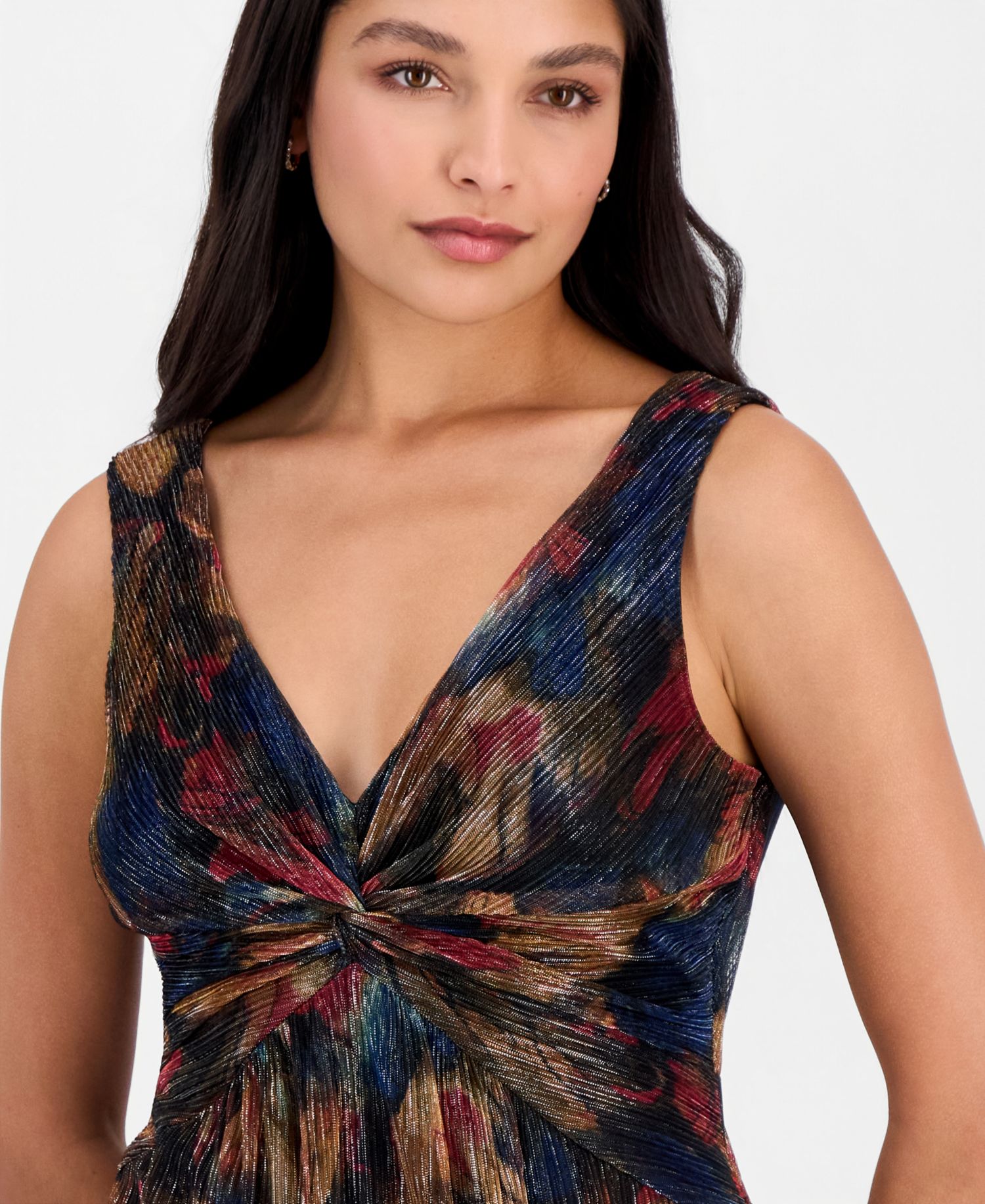 Petite Metallic-Print Twist-Front Sleeveless Dress