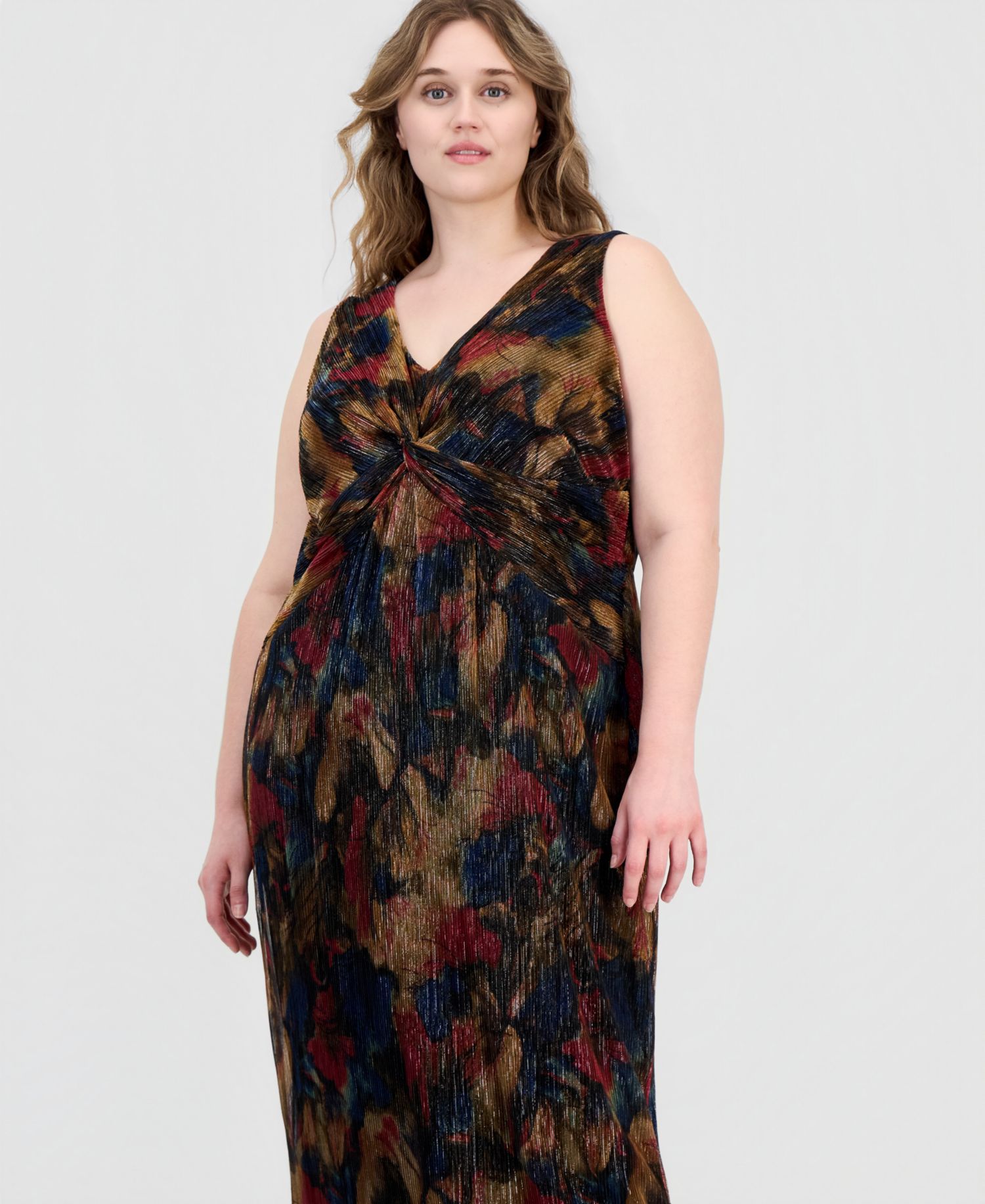 Plus Size Metallic-Print Twist-Front Sleeveless Dress